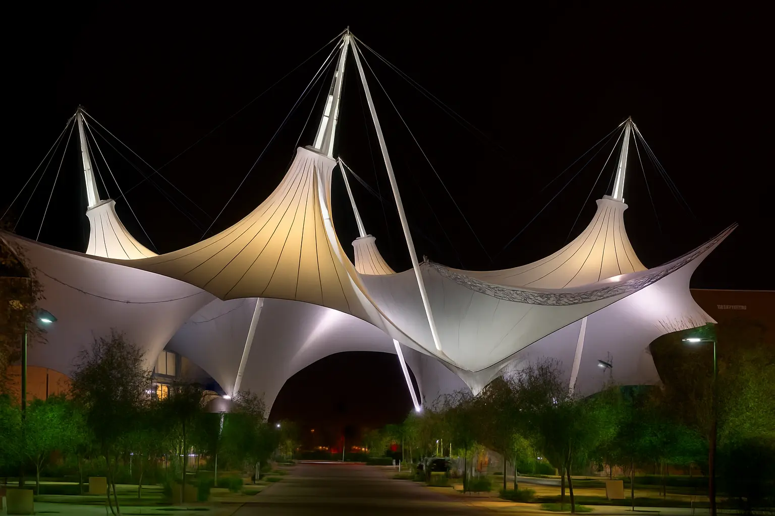 Night-time 3D render of tensile structure